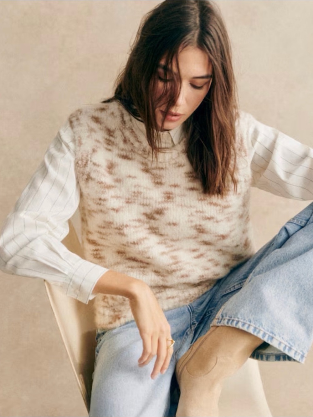 Sezane Cream Sweater Vest with Brown Speckle